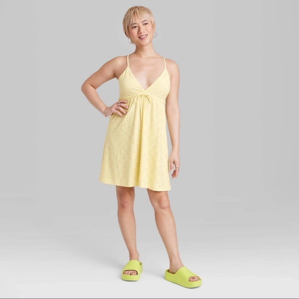 Wild Fable Yellow Women Sleeveless Triangle Cup Mini Eyelet Dress -